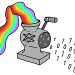 A long rainbow ribbon feeds into a grey meat grinder bearing a simplified neural network diagram on its side. Out the other end spills a collection of black and white 1s and 0s